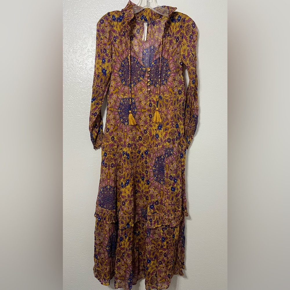 Anthropologie Boho Floral Midi Dress XS Tiered Ruffle Festival Cottagecore